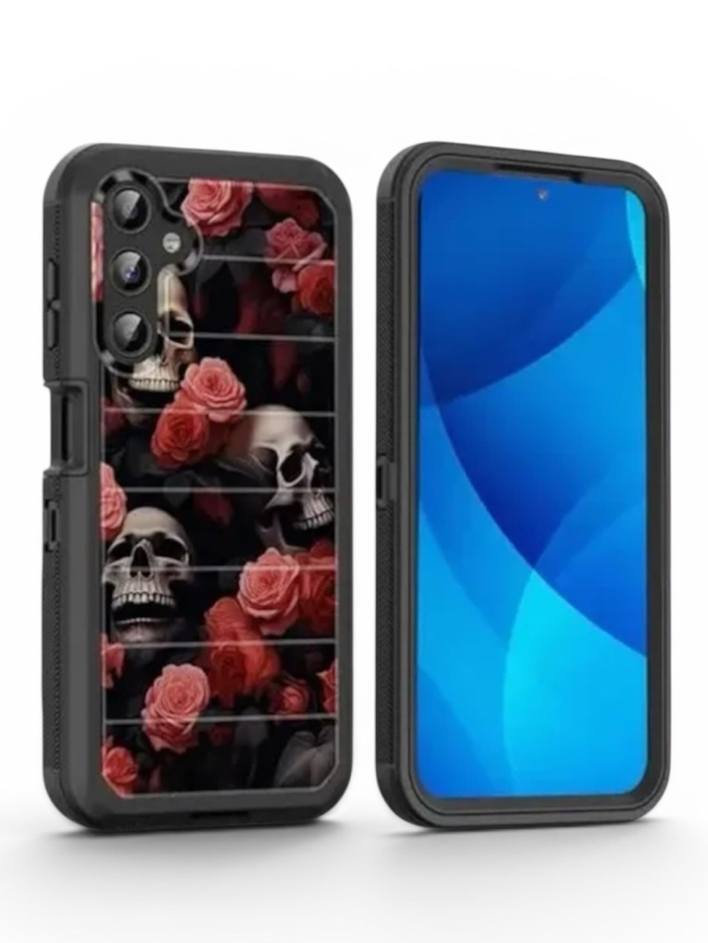 Galaxy Skulls & Roses Protective Phone Case - Black with Red Floral Design